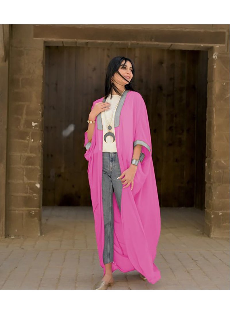 SunSet Kaftan Abaya Silver Embroidered Chiffon Sunset pink - Image 4